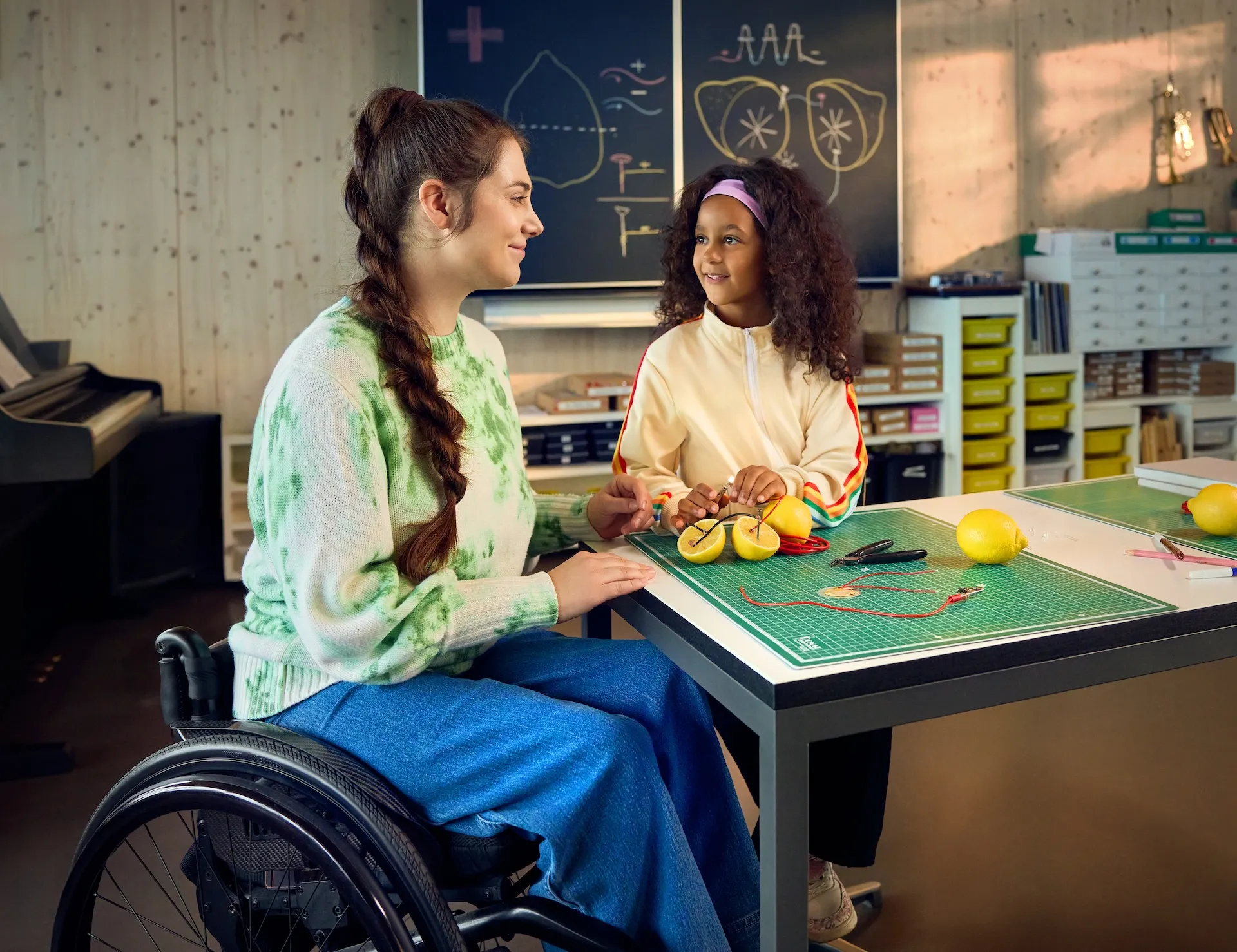 Chiara Schlatter sitzt im Rollstuhl an einem Tisch in einem Schulzimmer zusammen mit einer Schülerin und zeigt ihr, wie man mit Zitronen eine Lampe zum Leuchten bringen kann. Beide schauen sich an und lächeln.