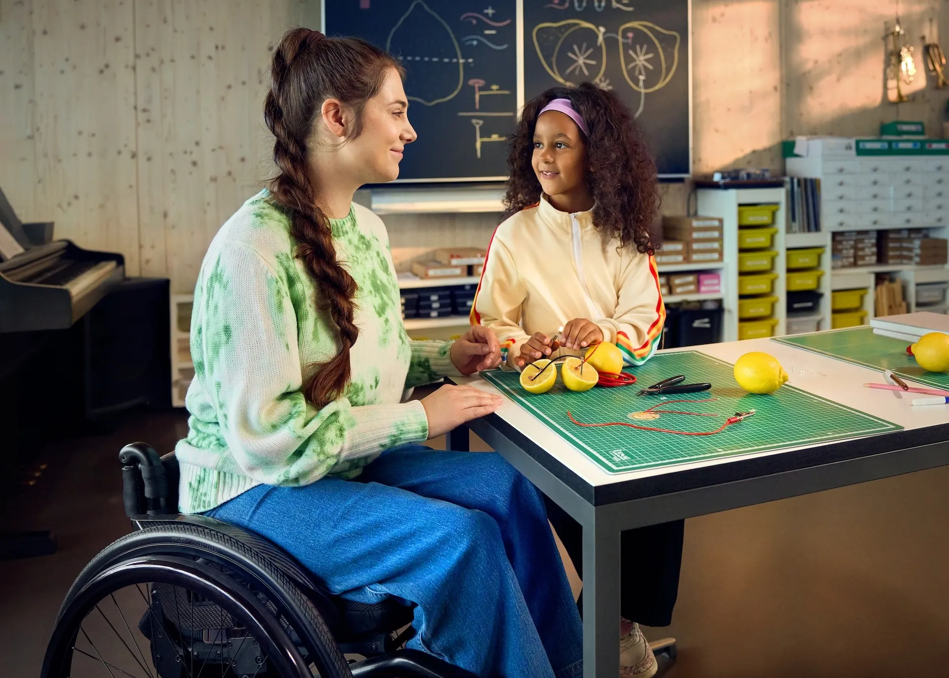 Chiara Schlatter sitzt im Rollstuhl an einem Tisch in einem Schulzimmer zusammen mit einer Schülerin und zeigt ihr, wie man mit Zitronen eine Lampe zum Leuchten bringen kann. Beide schauen sich an und lächeln.